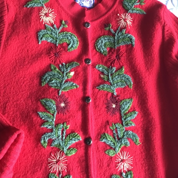 VINTAGE APRIL CORNELL RED BOILED WOOL & CHENILLE EMBROIDERED CARDIGAN SIZE L-XL - Picture 5 of 10